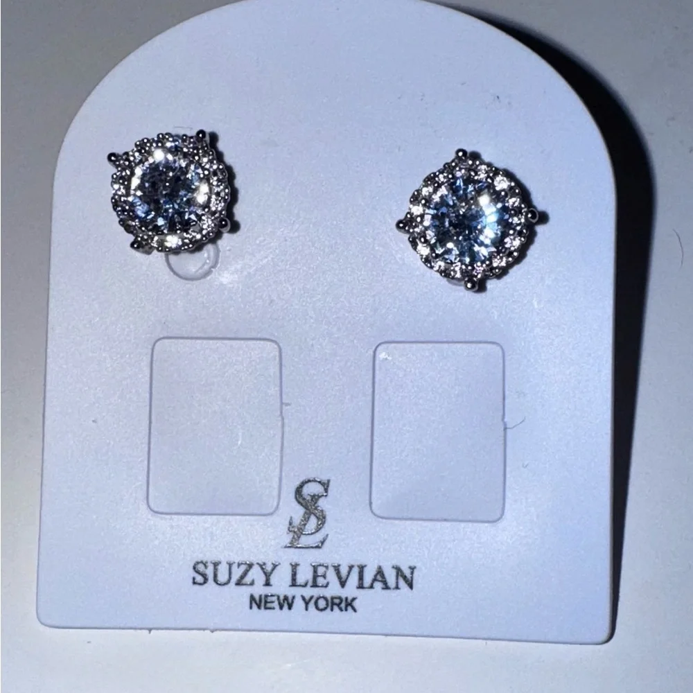 Suzy Levian Halo Silver Cubic Zerconia Post Earrings